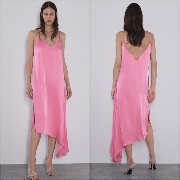NWT ZARA 90s Y2K Barbie Pink Satin Asymmetric Hem Sleeveless Slip Midi Dress XS - Picture 1 of 9